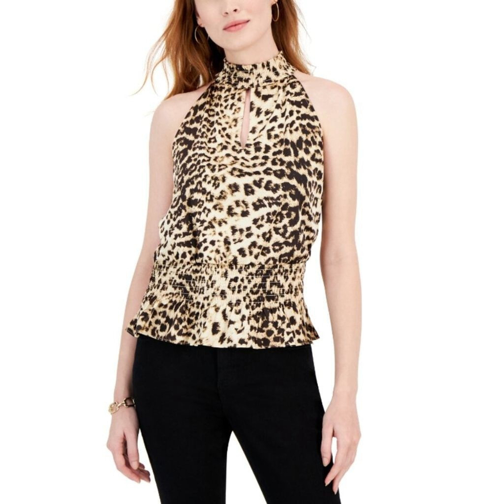 I.N.C. International Concepts Medium Printed Smocked-Waist Keyhole Top NWT